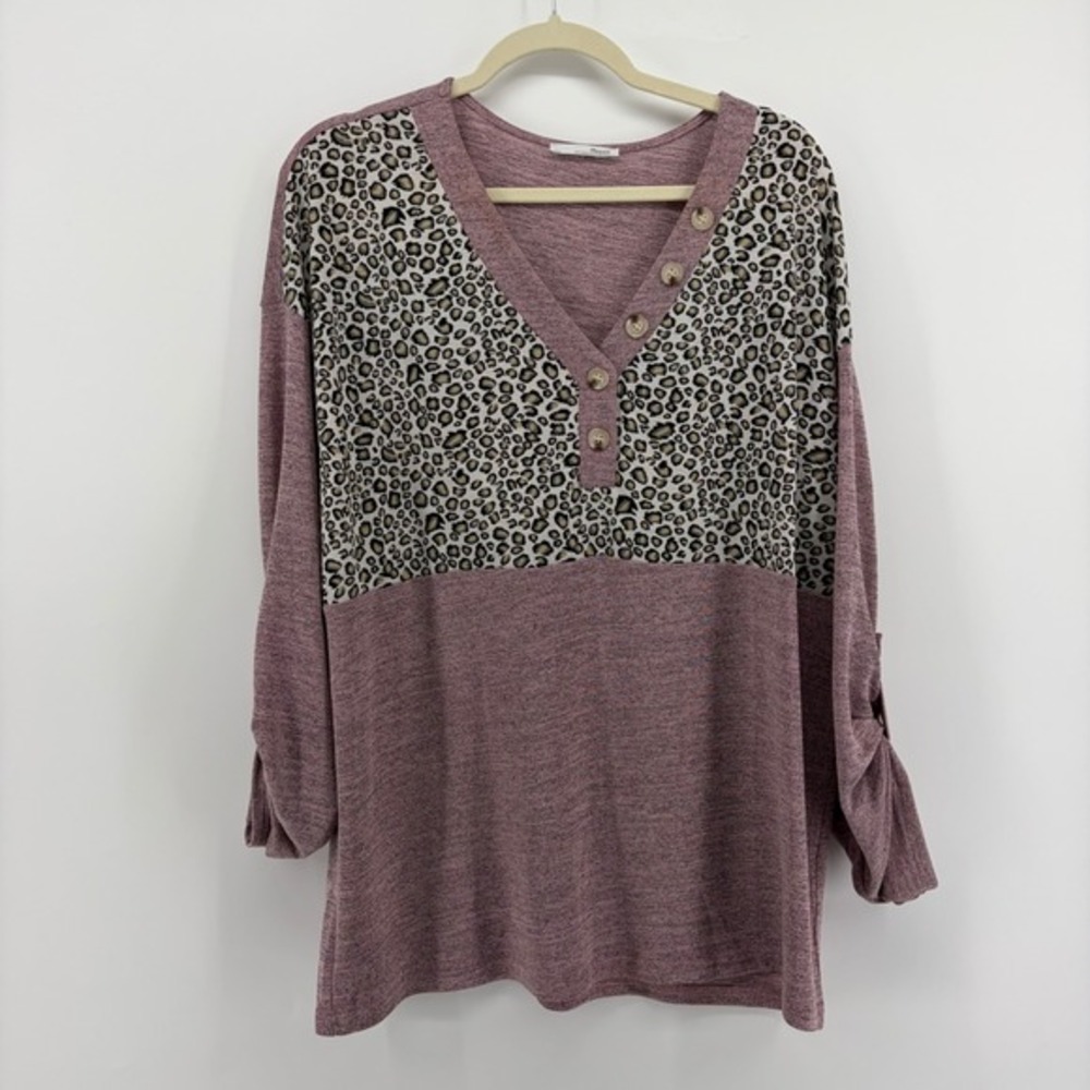 Messic Women's Long Sleeve Leopard‎ Print V-Neck Tunic Top Dusty Rose XXL